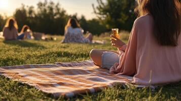A woman sitting on a blanket in the grass with a glass of wine photo