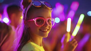 A girl wearing neon glasses and holding a light stick photo