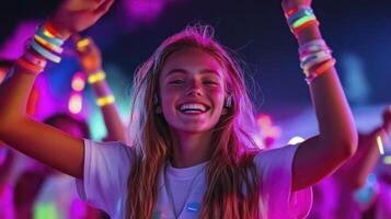 A woman at a music festival with her hands up photo