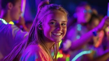 A girl smiling while wearing neon lights photo