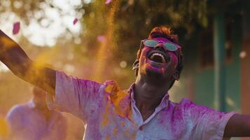 A man with sunglasses and colored powder in his hand photo