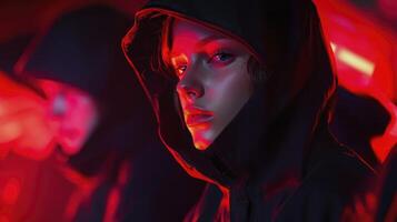 A woman in a hoodie with red light behind her photo