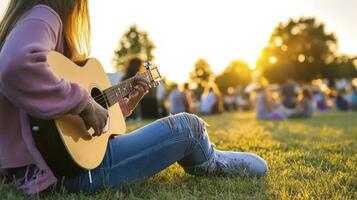 A girl playing an acoustic guitar in the grass photo
