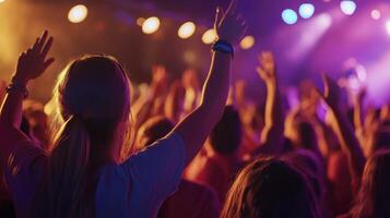 A crowd of people at a concert with their hands up photo