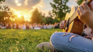 A person playing an acoustic guitar in the grass photo