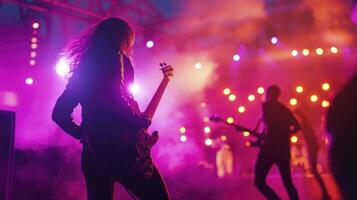 A group of people playing guitar on stage photo