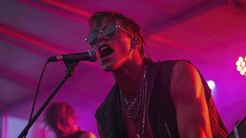 A man with sunglasses on singing into a microphone photo