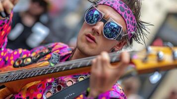 A man in a colorful outfit playing a guitar photo