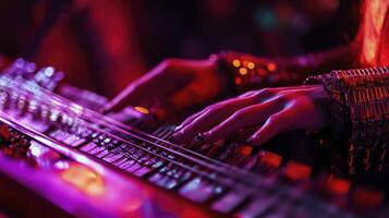 A person playing an electronic keyboard with purple lights photo