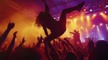 A crowd of people at a concert with a person in the air photo