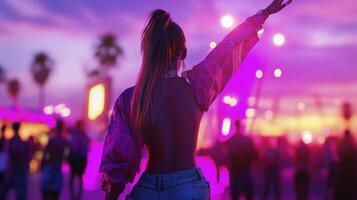 A woman is standing in front of a crowd at a festival photo