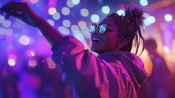 A woman in sunglasses is dancing at a party photo