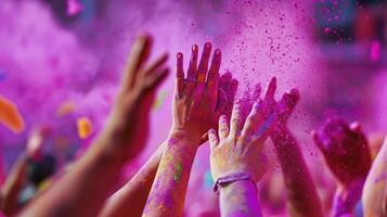 Many hands are covered in colored powder photo
