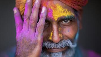 An old man with colorful paint on his face photo