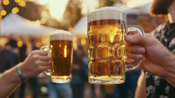 Two people toasting with beer glasses at a beer festival photo