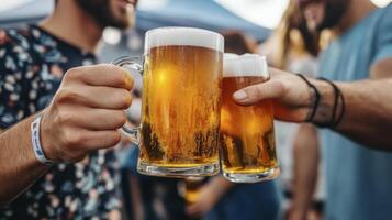 Two people toasting with beer glasses at a beer festival photo