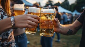 Two people toasting with beer glasses at an outdoor event photo