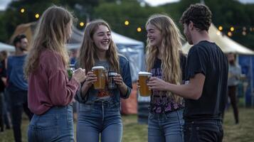 Three young people are drinking beer at an outdoor event photo