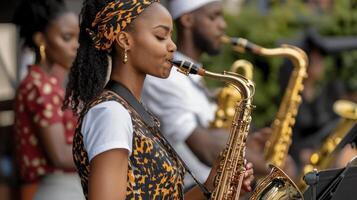 A woman playing the saxophone in front of a group of people photo