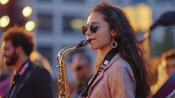 A woman in sunglasses plays the saxophone photo