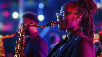 A woman with glasses playing the saxophone photo