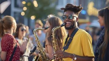 A man with sunglasses playing the saxophone in a crowd photo