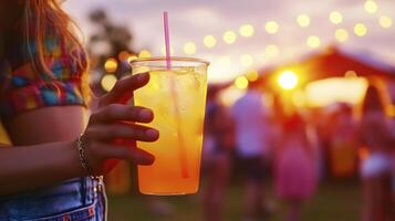 A person holding a drink at a music festival photo