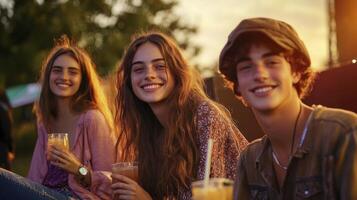 Three young people sitting on a bench with drinks photo