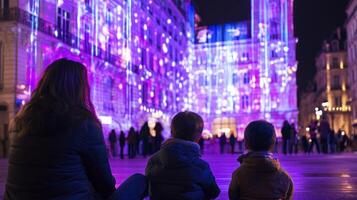A woman and two children sitting in front of a building with a purple light photo