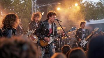 A group of people in leather jackets playing guitar photo