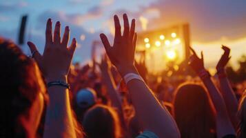 People at a music festival with their hands up photo