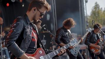 A man in a leather jacket playing an electric guitar photo
