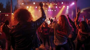 A group of people at a concert with their hands up photo