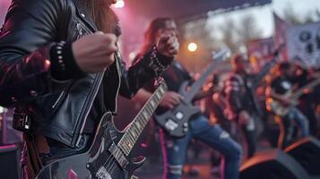 A group of people playing guitar on stage photo