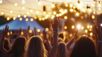 A crowd of people at a music festival with their hands up photo