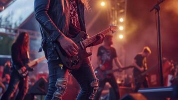 A man in leather jacket playing guitar on stage photo