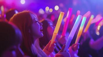 A group of people holding up glow sticks photo