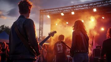 A group of people playing music at a concert photo