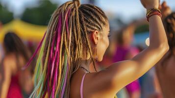 A woman with colorful dreadlocks at a music festival photo
