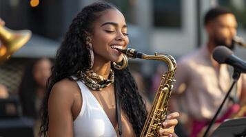 A woman playing the saxophone in front of a band photo