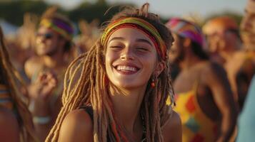 A woman with dreadlocks and colorful headband smiles at the camera photo