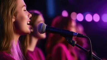 A group of young women singing into a microphone photo