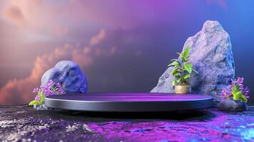 A purple light is shining on a rock with plants photo