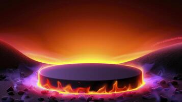 A black circular object with flames and lava on it photo
