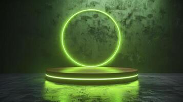 3d rendering of neon green circle on a wooden pedestal photo