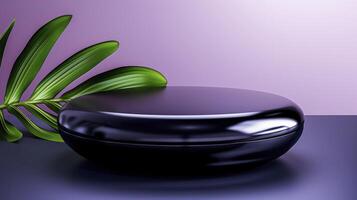 Black cosmetic container with palm leaf on purple background photo
