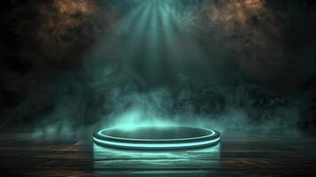 An empty stage with a spotlight and smoke photo