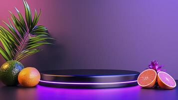A round black table with fruit and a palm tree photo