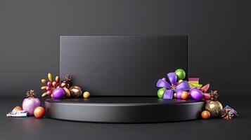 Black stand with christmas decorations and gifts on a dark background photo