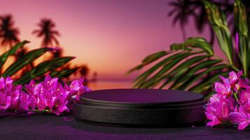 A black container with flowers on a beach at sunset photo
